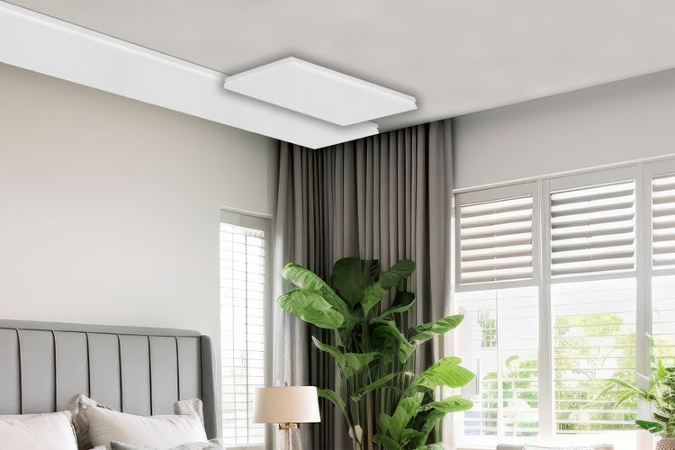 Deckenelement zur Raumakustikverbesserung in einem Schlafzimmer