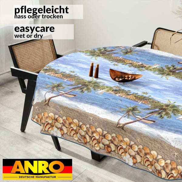Esstisch mit Strandmotiv-Tischdecke und ANRO Deutsche Manufaktur Logo