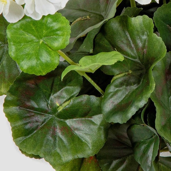 Detailaufnahme einer künstlichen Geranie mit grünen Blättern und weißen Blüten.