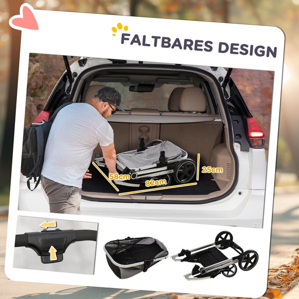 PawHut Hundewagen, 3 in 1 Hundebuggy, Autositz, Transporttasche, Katzenbuggy mit Kissen bis 15 kg, faltbarer Katzenwagen für kleine Hunde mit Bremsen, Netzfenster, Sicherheitsleinen, Hellgrau