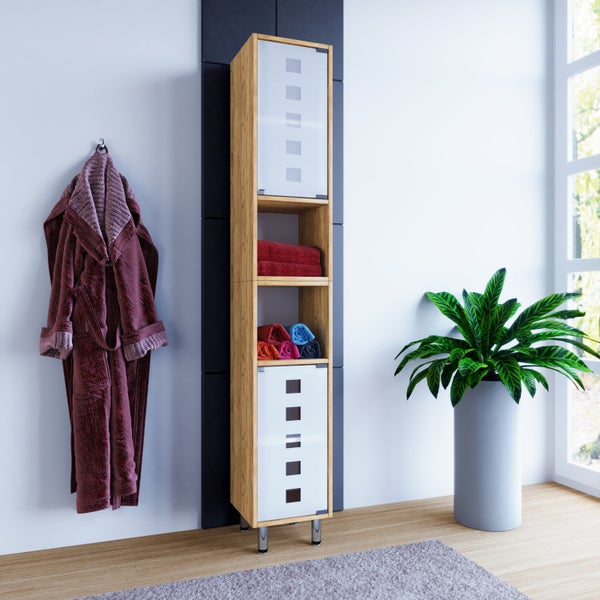 Holz Badmöbel Hochschrank Darola Glastür Honig-Eiche