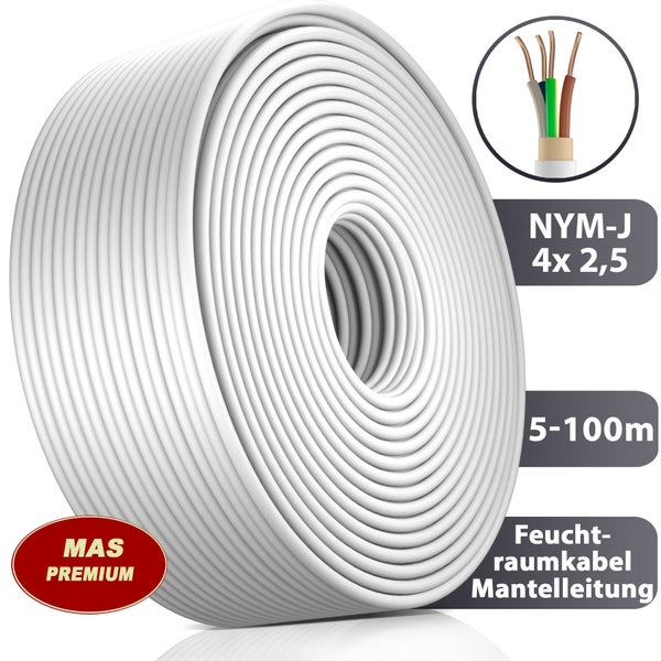 MAS PREMIUM Mantelleitung NYM-J 4 mal 2,5 Quadratmillimeter, Feuchtraumkabel auf Rolle mit Detailansicht der vier Adern.