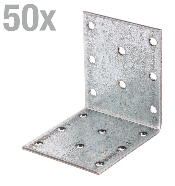 Set von 50 Stück Winkelverbindern aus verzinktem Stahl mit vorgebohrten Löchern zur stabilen Holzverbindung.