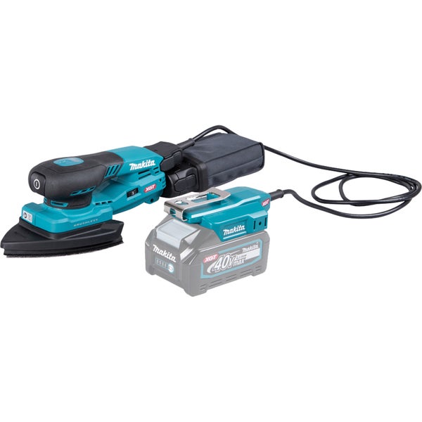 Makita Akku-Multischleifer mit 40 Volt Max XGT Akku, Staubbeutel und bürstenlosem Motor.