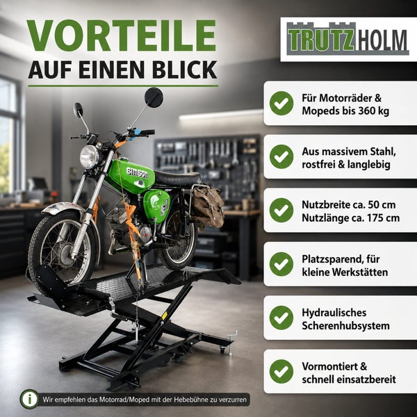 Trutzholm Logo. Hydraulische Motorrad-Scherenhebebühne in einer Werkstatt. Tragkraft 360 Kilogramm, aus Stahl, circa 175 mal 50 Zentimeter.