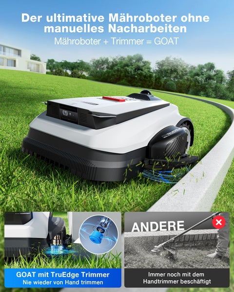 Mähroboter mit integriertem Kantentrimmer mäht Rasen entlang einer Steinkante vor einem modernen Haus.