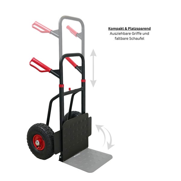 PROREGAL Profi-Sackkarre TAURUS 150 klappbar & ausziehbar 110x50x57cm Belastbarkeit 150kg Stahl Luftbereifung mit Haltegriffe & Radschutz Rot-Schwarz