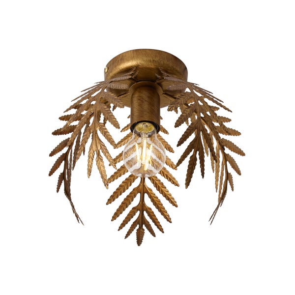 Goldfarbene Deckenleuchte aus Metall mit Farnblatt-Design und sichtbarem Leuchtmittel.