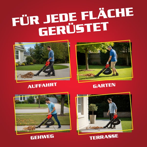 Laubsauger im Einsatz auf Auffahrt, im Garten, auf dem Gehweg und auf der Terrasse