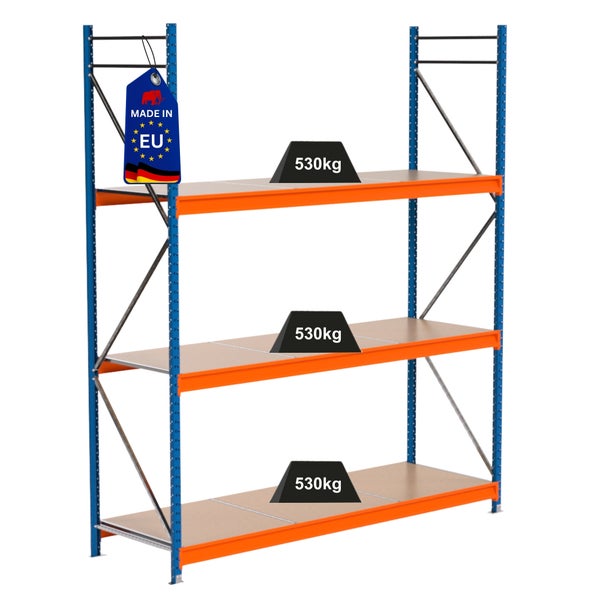 Lagerregal mit drei Ebenen und einer Traglast von 530 Kilogramm pro Ebene.