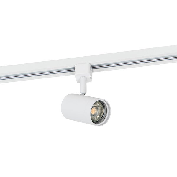 Ein einzelner weißer LED Schienenstrahler montiert an einer weißen Stromschiene für eine flexible Beleuchtungslösung.