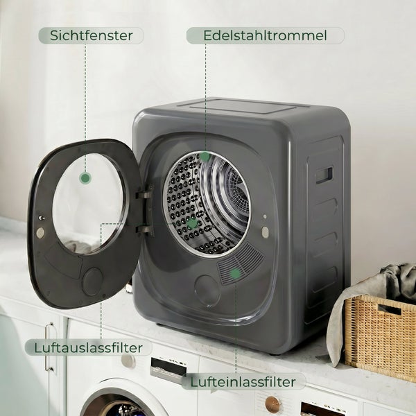 Kompakter Wäschetrockner mit Edelstahltrommel, Sichtfenster sowie Luftauslassfilter und Lufteinlassfilter für effiziente Wäschepflege.