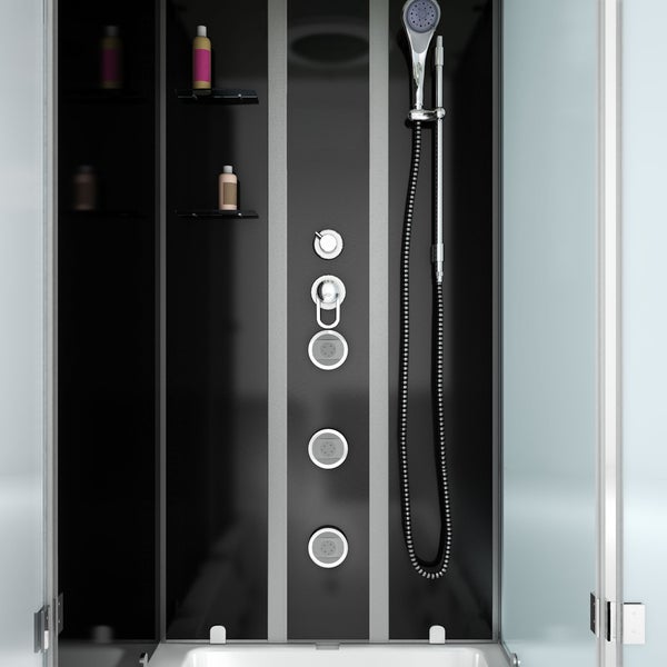 Modernes Duschpaneel in einer Duschkabine mit Massagedüsen, Handbrause und integrierten Glasablagen.