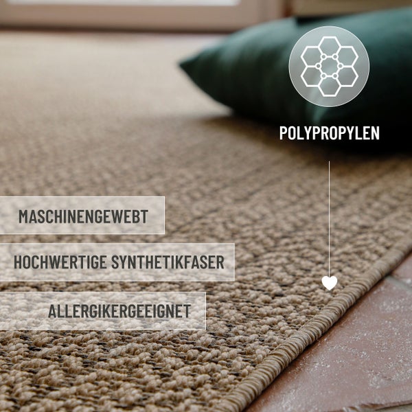 Maschinengewebter Teppich aus hochwertiger Synthetikfaser Polypropylen, geeignet für Allergiker.