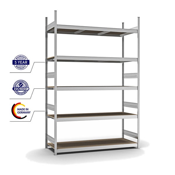 PROREGAL Weitspannregal Stecksystem T-Profil Grundregal HxBxT 300x200x60 cm 5 Ebenen Spanplatten Fachboden Fachlast 350 kg Verzinkt