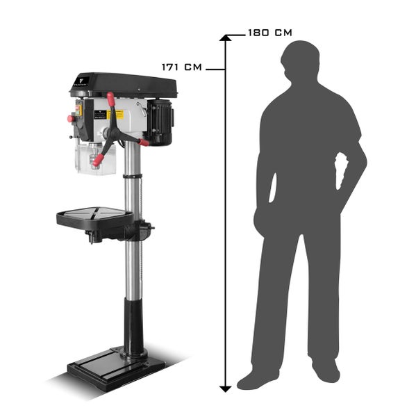 Ständerbohrmaschine mit Höhenangabe von 171 cm und Vergleich zu einer Person mit 180 cm Größe