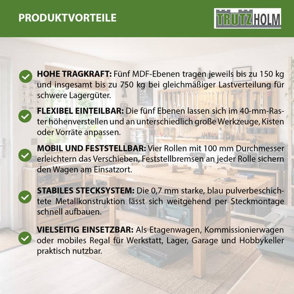 Produktvorteile Trutzholm Werkstattwagen: hohe Tragkraft, höhenverstellbare Fachböden, mobil mit Feststellrollen und stabiles Stecksystem aus Metall.