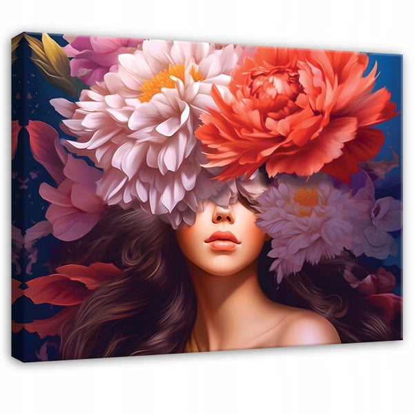 Leinwandbild mit dem Porträt einer Frau und großen Blüten wie Pfingstrosen, moderne Wanddekoration für Wohnräume.