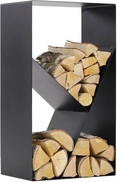 Brennholzregal aus Metall mit Holzscheiten