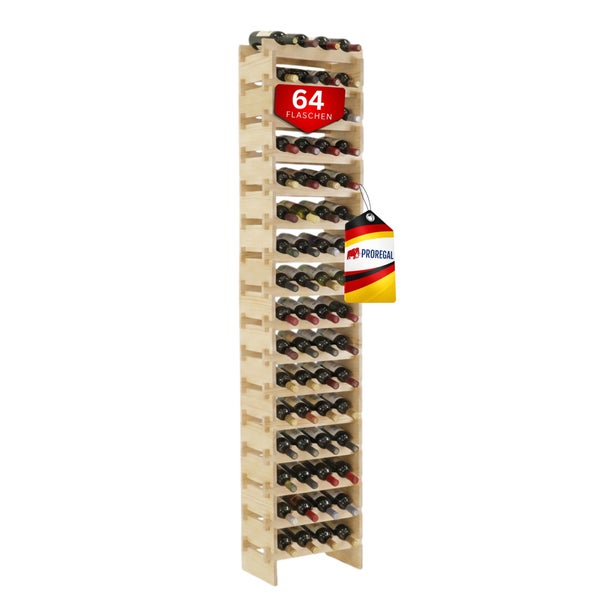 Hohes Weinregal aus Holz für 64 Flaschen, befüllt mit Weinflaschen, Marke Proregal.