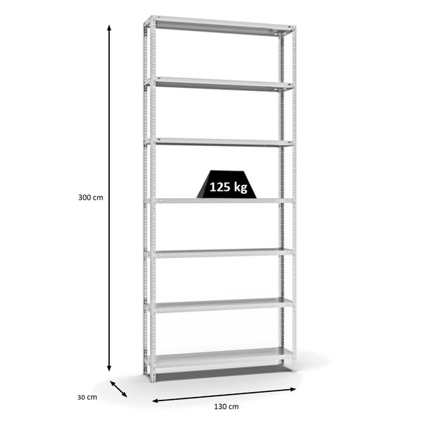 PROREGAL Fachbodenregal Schraubsystem Light-Duty Grundregal HxBxT 300 x 130 x 30 cm 7 Ebenen Fachlast 125 kg Beidseitig Nutzbar Lichtgrau