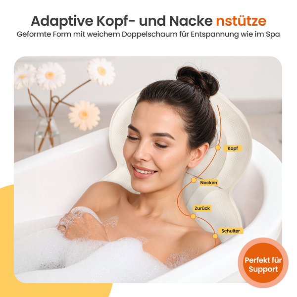 Goliving Badewannenkissen – Ergonomisches Kissen für die Badewanne – Mit 6 Saugnäpfen – Inklusive Waschbeutel – Rutschfest, leicht und wasserdicht – 100 % Polyester – Weiß