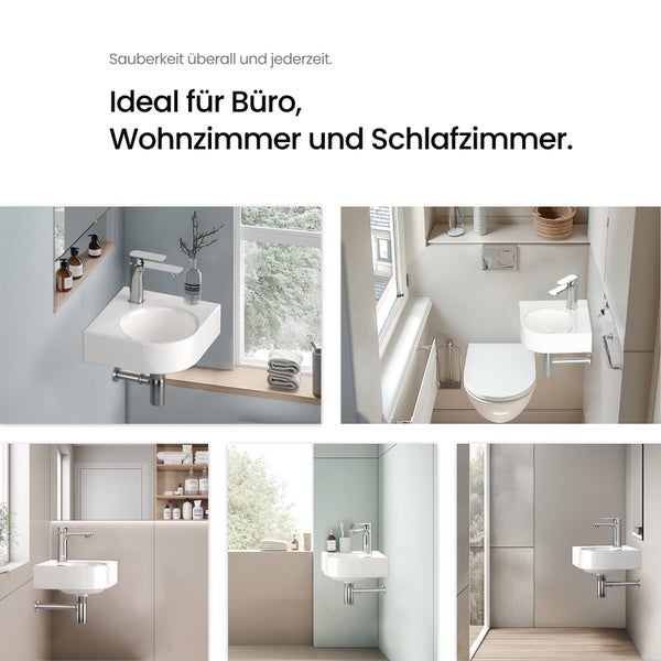 EMKE Wandwaschbecken 440x385mm, Keramik, glänzend Weiß, V-Form Design, mit Wasserhahnloch, Höhe 155mm, Badezimmer Waschbecken, pflegeleicht, feuchtigkeitsbeständig, für Bad