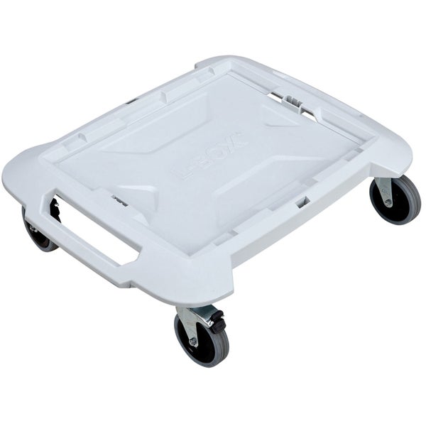 Grauer L-Boxx Roller aus Kunststoff mit vier Lenkrollen und integriertem Tragegriff für Werkzeugkoffer.