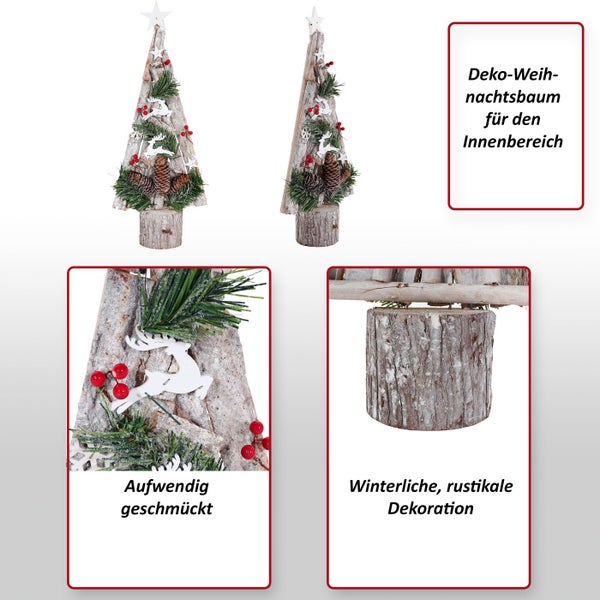 Dekorativer Weihnachtsbaum aus Holz für den Innenbereich mit Stern, Tannenzapfen, Hirsch und Beeren