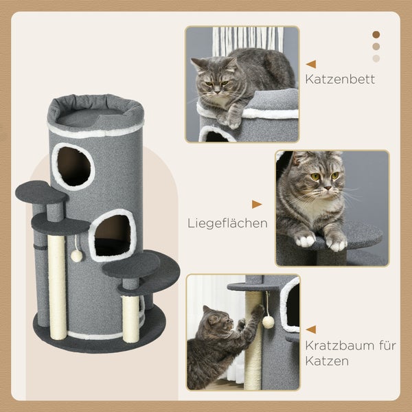 PawHut Katzen Kratztonne 99 cm Spieltonne Kratzbaum Katzenbaum mit Katzenbett, Spielball, Plattformen, Katzenkratzbaum mit 3 Türen, Katzenmöbel, Grau