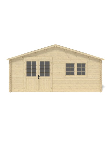 Gartenhaus aus Holz mit Doppeltür, Sprossenfenstern und Satteldach.