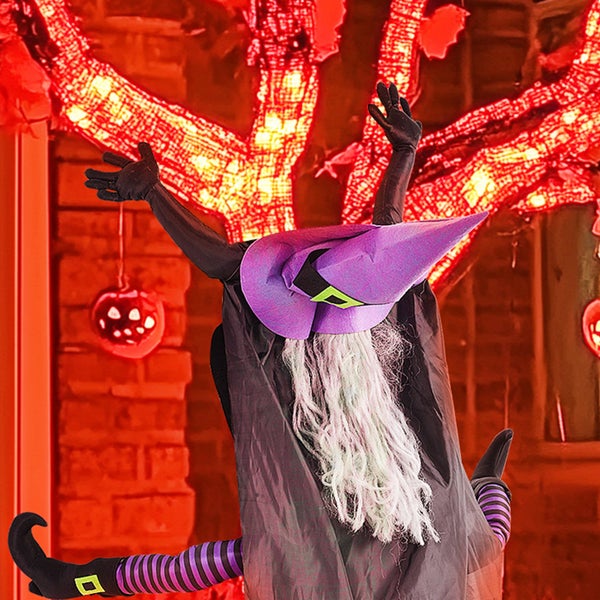 HOMCOM 170cm Halloween Dekoration Halloween Fliegende Hexe, Haustür Deko, Garten Dekofigur in Lebensgröße für Party Baumstämme Säulen, Stahl