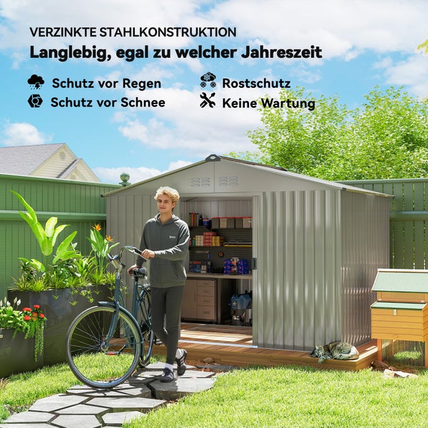 Gartenszene mit einem Gerätehaus aus verzinktem Stahl, das Schutz vor Regen, Schnee und Rost bietet und wartungsfrei ist