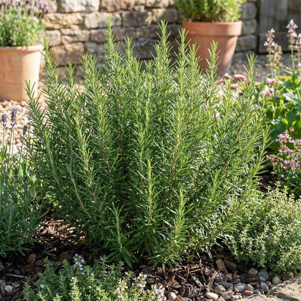 Rosmarinstrauch im Gartenbeet mit Rindenmulch und anderen Kräutern vor einer Steinmauer.