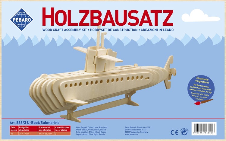 PEBARO 866/3 - Holzbausatz U-Boot, 30 Teile, Holzkonstruktion zum Zusammenstecken