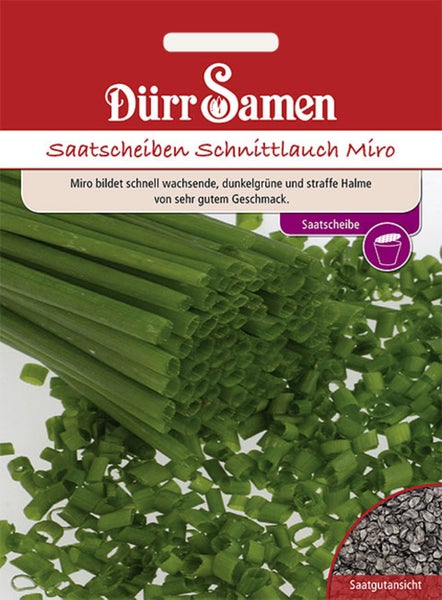 Dürr Samen Logo. Saatscheiben Schnittlauch Miro, Samentüte mit Schnittlauchhalmen und Saatgutansicht.