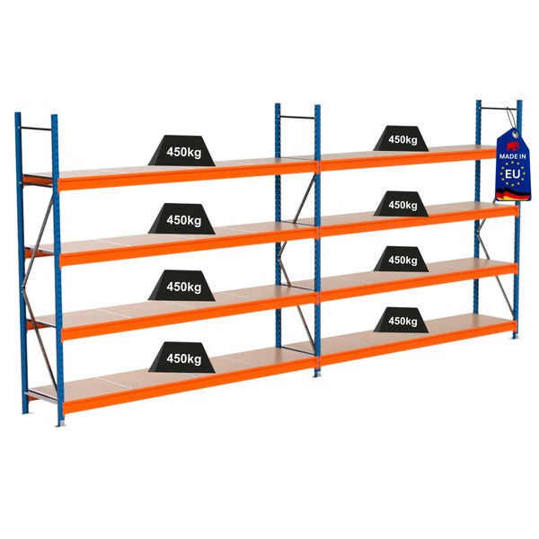 Regal mit mehreren Ebenen und einer Belastung von 450 Kilogramm pro Ebene sowie dem Made in EU Siegel