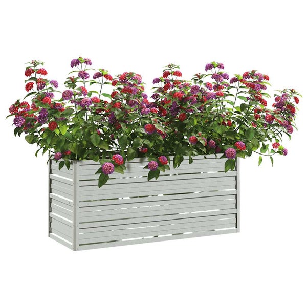 Rechteckiger Pflanzkasten aus Metall mit Lamellenoptik, bepflanzt mit bunten Blumen.