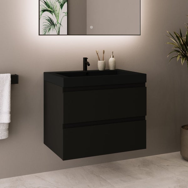 Moderner wandhängender Badunterschrank in Schwarz mit zwei Schubladen und integriertem Waschbecken in einem minimalistischen Badezimmer.