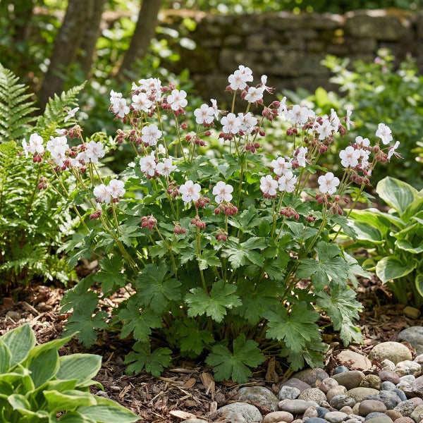 Blühender Storchschnabel Geranium cantabrigiense Biokovo mit weißen Blüten und grünen Blättern in einer Gartenanlage mit Rindenmulch und Steinen.
