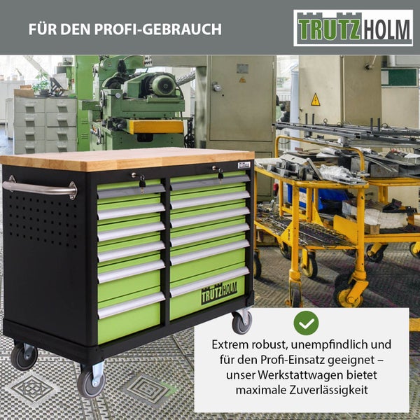 TrutzHolm Werkstattwagen mit Schubladen und Holzplatte in Werkstattumgebung