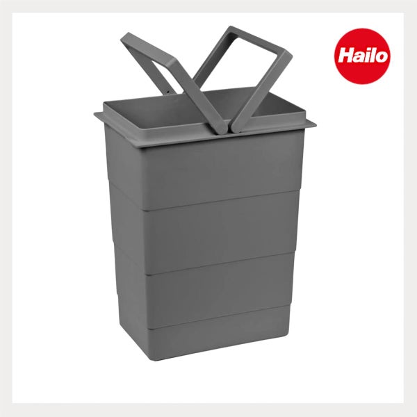 Grauer Einzeleimer aus Kunststoff für Mülltrennsysteme von Hailo mit Tragegriff. Hailo Logo.