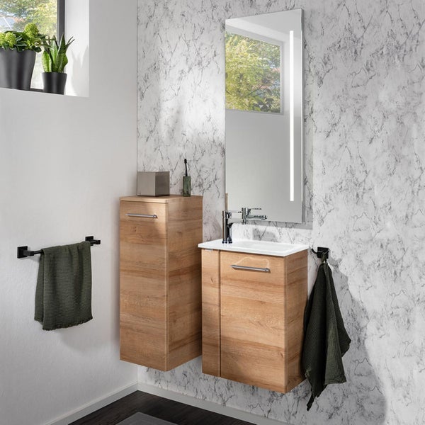 Fackelmann MILANO Gäste-WC Set 2 Teile – Waschtischunterschrank in Holz Braun mit Waschbecken aus Glas in Weiß – SBC Waschbeckenunterschrank schmal – Türanschlag rechts – 45 cm breit
