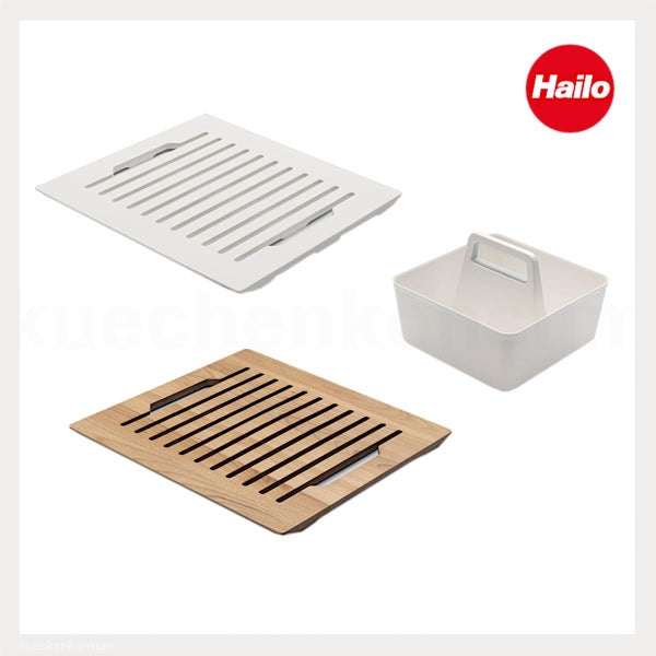Hailo Pantry Box Zubehör mit zwei Gitterböden aus Holz und Kunststoff sowie einer Kunststoffbox. Hailo Logo.