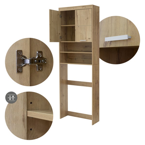 ECD Germany Waschmaschinenschrank mit 2 Türen und 2 offenen Fächern, 187,5x63 cm, Eichenoptik (Asteiche), Waschmaschine/Trockner Badezimmerschrank Hochschrank Badschrank Badregal Waschmaschinenüberbau