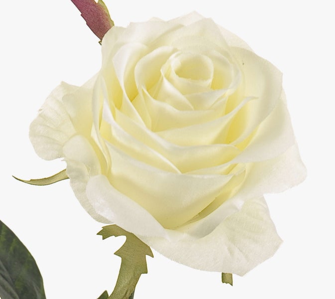 Künstliche Rose mit weißer Blüte und grünem Stiel mit Blättern.