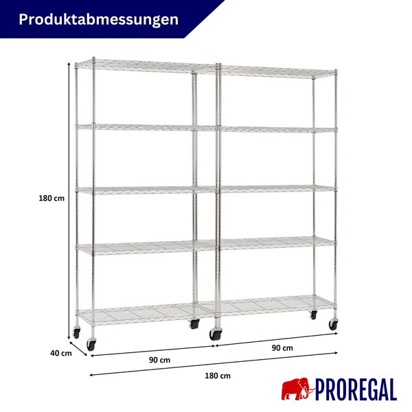 Drahtregal auf Rollen mit 5 Etagen, Produktabmessungen: Höhe 180 Zentimeter, Breite 180 Zentimeter, Tiefe 40 Zentimeter. Proregal Logo.
