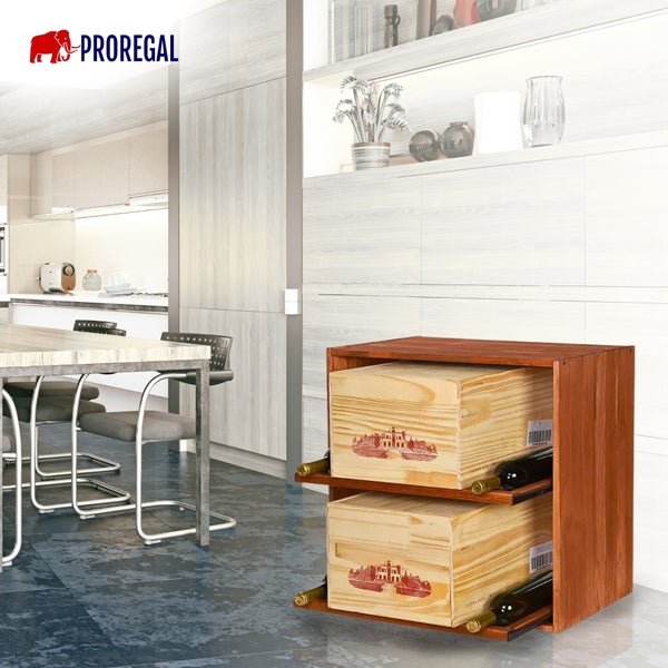 Weinregal aus Holz mit zwei Ebenen für Weinkisten in einer hellen, modernen Küche mit Esstisch. PROREGAL Logo.
