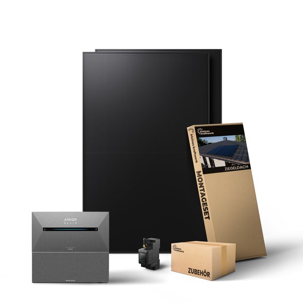 Balkonkraftwerk Komplettset für Ziegeldächer mit zwei Solarmodulen, Anker Solix Solarbank 2 Pro Speicher, Montageset und Zubehör.