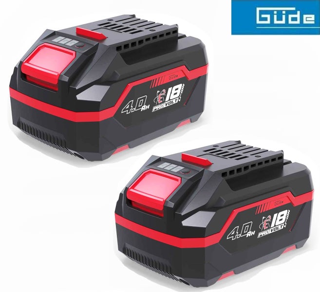 Zwei Guede 18 Volt Lithium Ionen Akkus mit 4,0 Amperestunden Kapazitaet, kompatibel mit dem Pro Volt System.